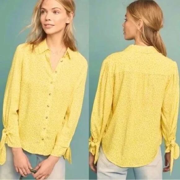 Maeve Anthro 10 Yellow Floral Blouse Tie Sleeve Button Down Top - Picture 4 of 6